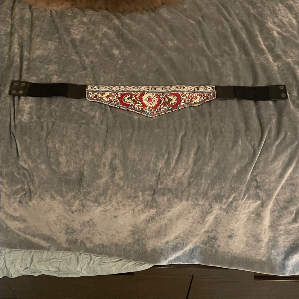 Embroidered Black Belt with Red and White Accents